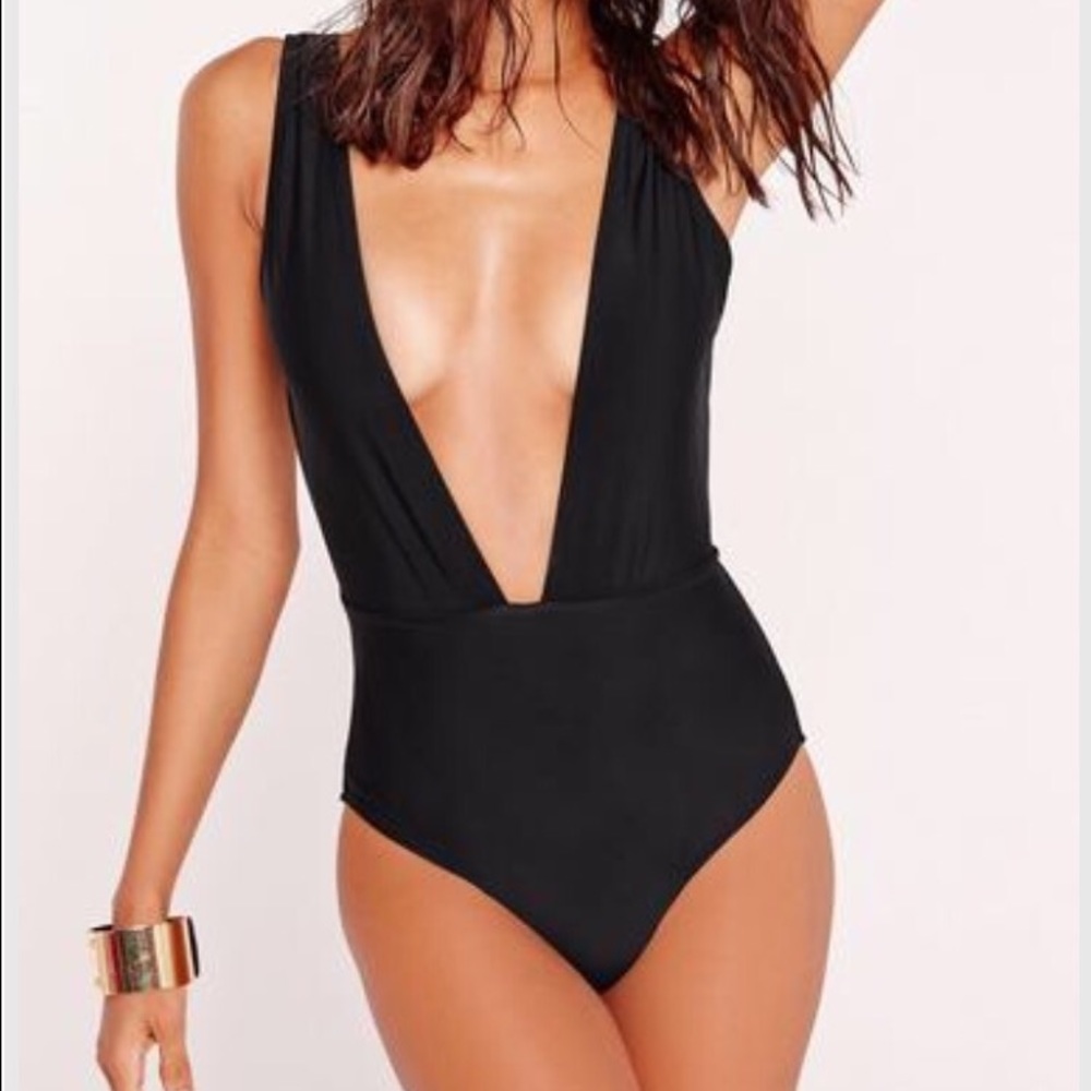 Missguided black plunging one piece swimsuit