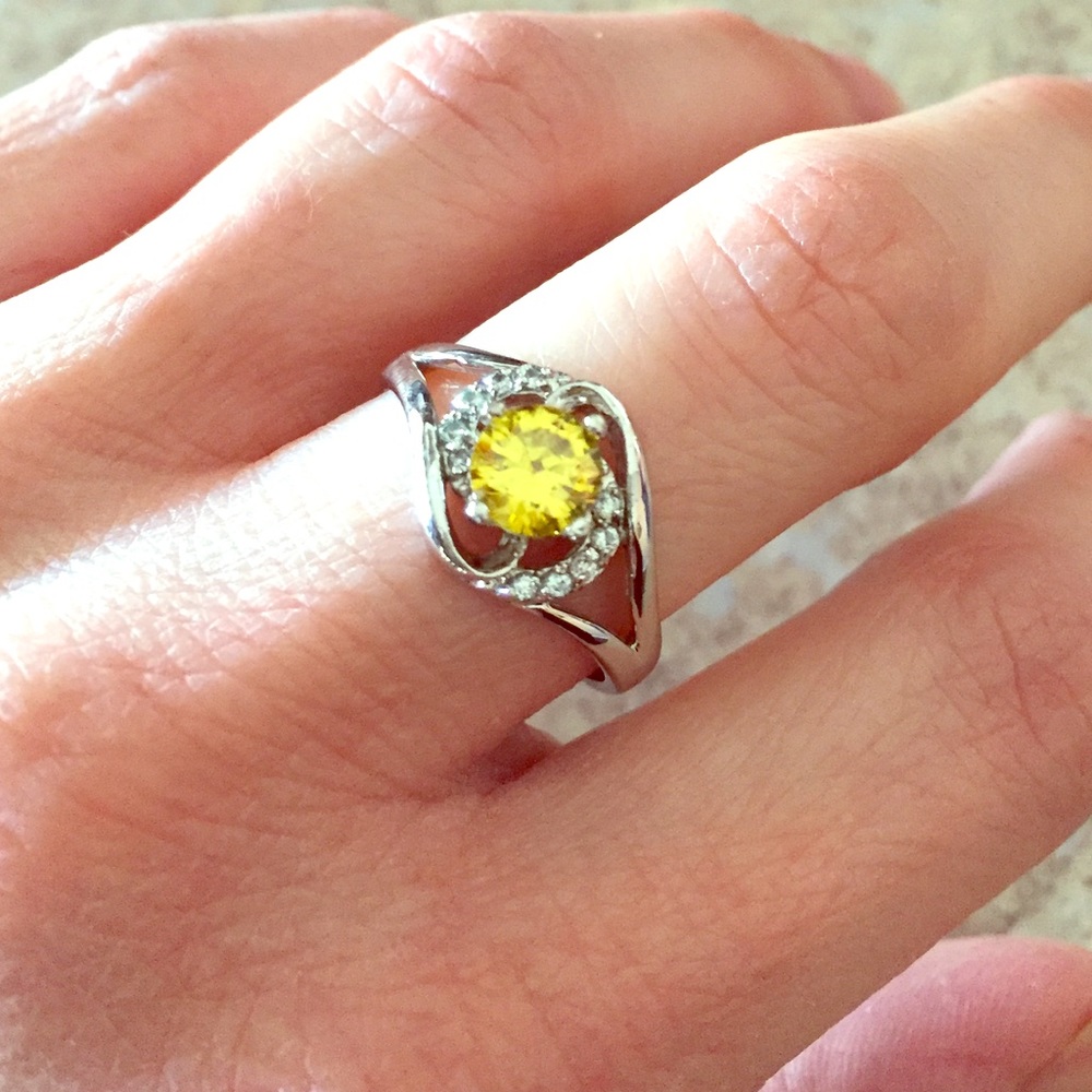 Silver Canary Yellow CZ Ring
