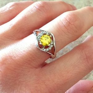 Silver Canary Yellow CZ Ring