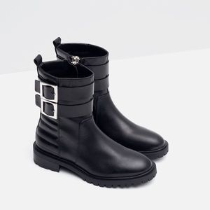 Zara Flat Leather Biker Boots