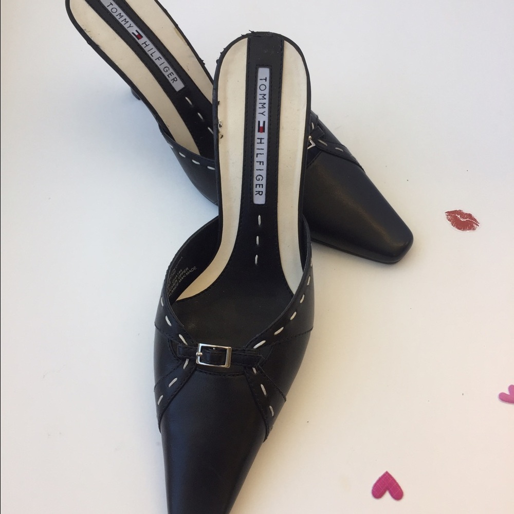 Tommy Hilfiger black genuine leather slip on Mules