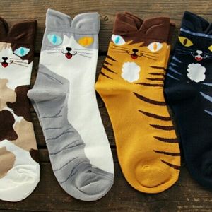 Set of 4 pairs Cat Crew Socks with ears