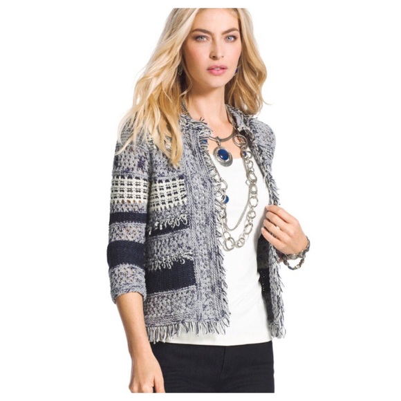 Chico's Sweaters - Chico's XS Crochet Cardigan Fringe Blue White