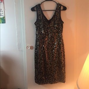 AB Studio black and gold sequin v neck dress