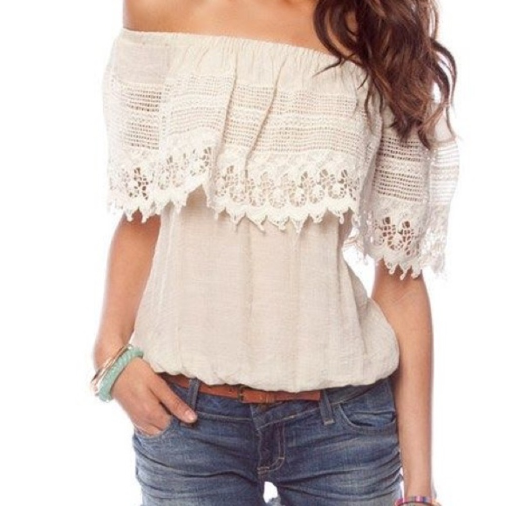 Tobi BLACK off the shoulder top with lace overlay