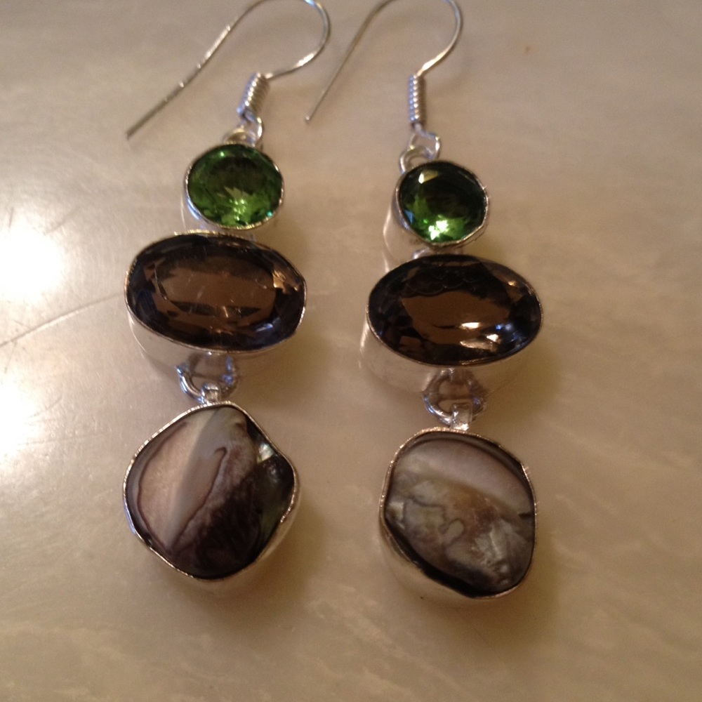 Green Peridot and Smoky Topaz Earrings Sterling