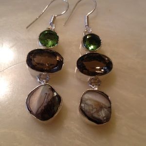 Green Peridot and Smoky Topaz Earrings Sterling