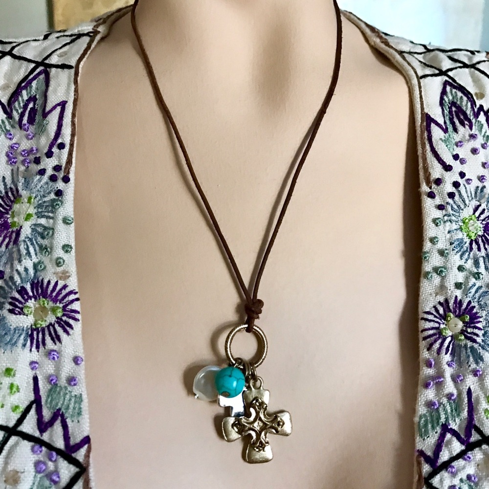 Gold & Silver Leather Cross Necklace