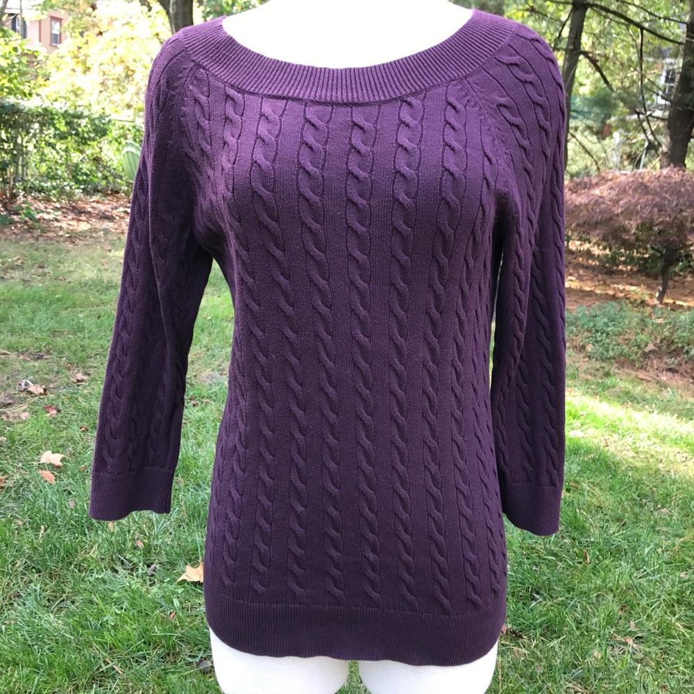 ❌SOLD❌! Loft 3/4 Cotton Cable Knit Plum Sweater - Picture 2 of 6