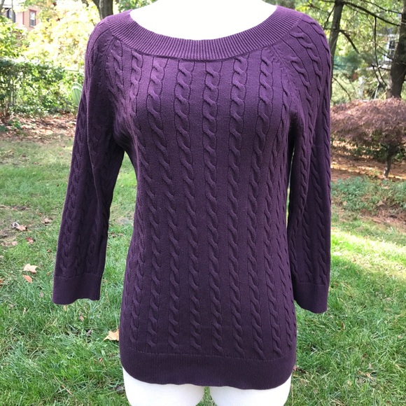 ❌SOLD❌! Loft 3/4 Cotton Cable Knit Plum Sweater - Picture 2 of 6