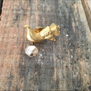Emanuel Ungaro Gold Bird Pearl Drop Stick Pin NeW