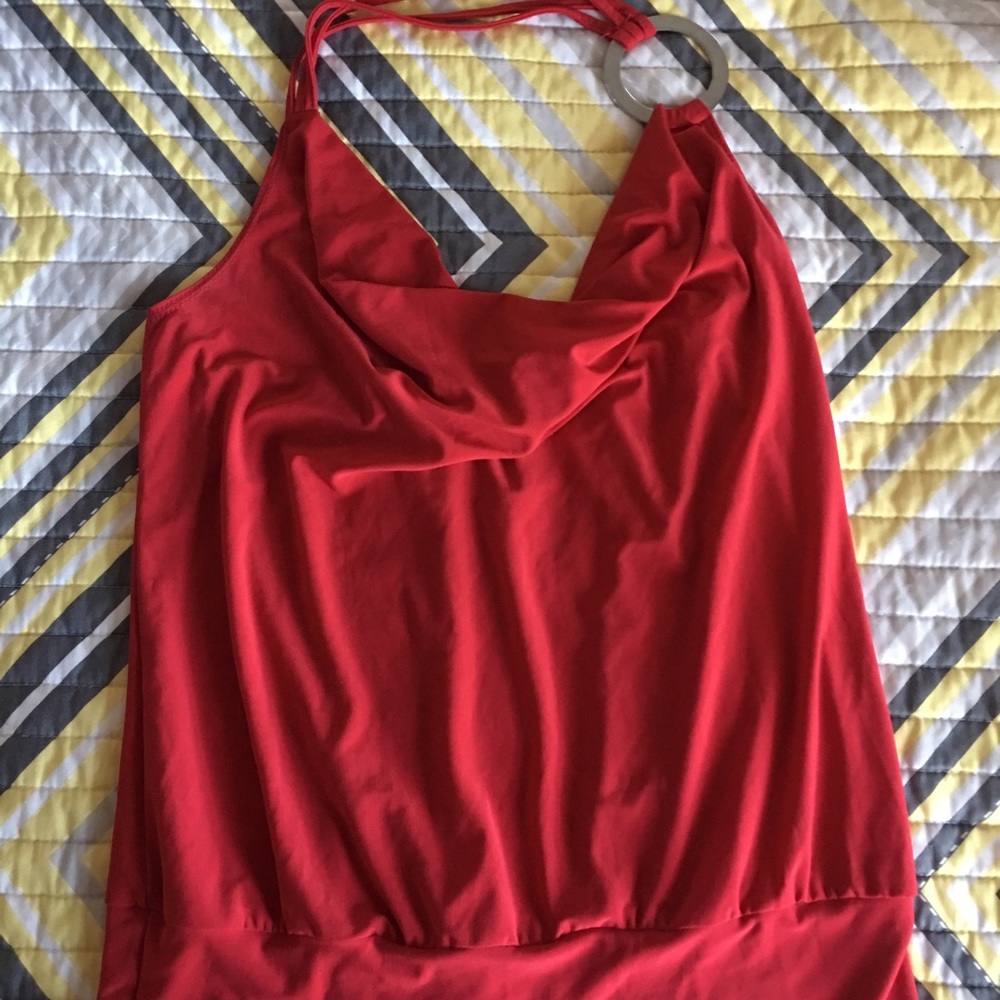 Red top with angled strap