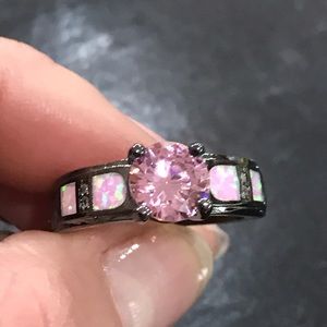 Pink Sapphire zircon and opal inset ring