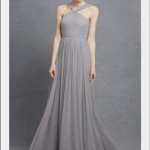 Blue grey Donna Morgan bridesmaid / prom gown