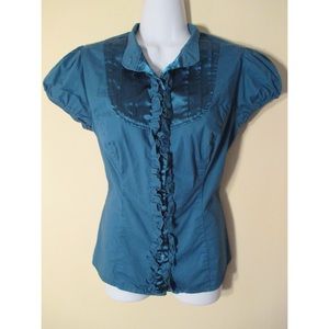 Short Sleeve Blue Button Down Blouse
