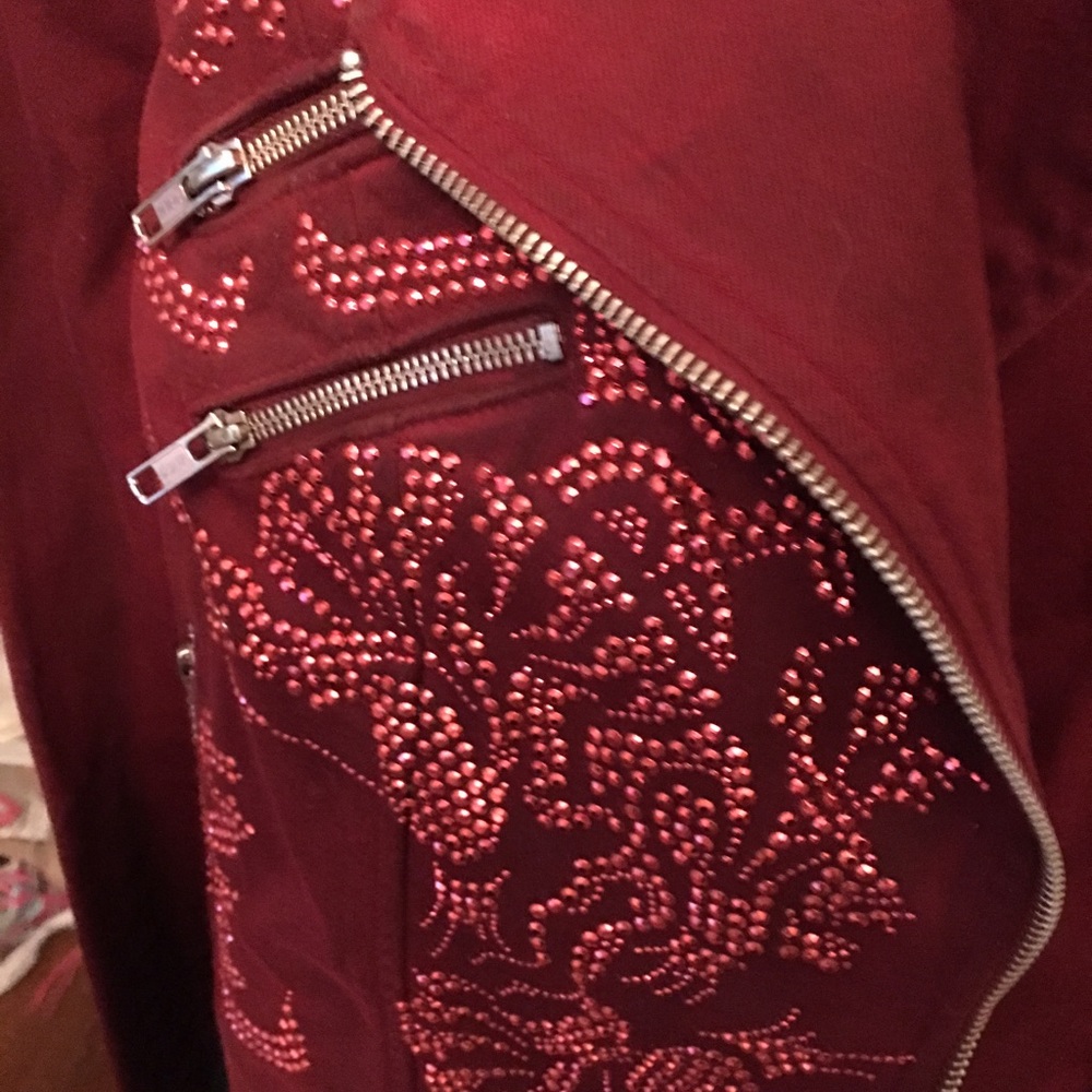 Brand new red embellished jean jacket