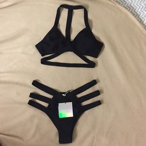 Black Strappy Bandage Plunge Bikini