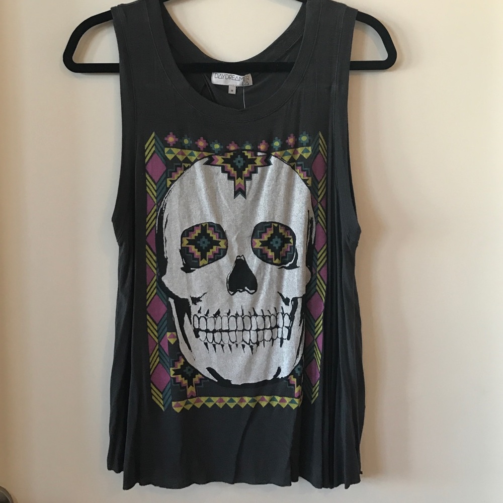 Grey flowy skull tank  with open lower back