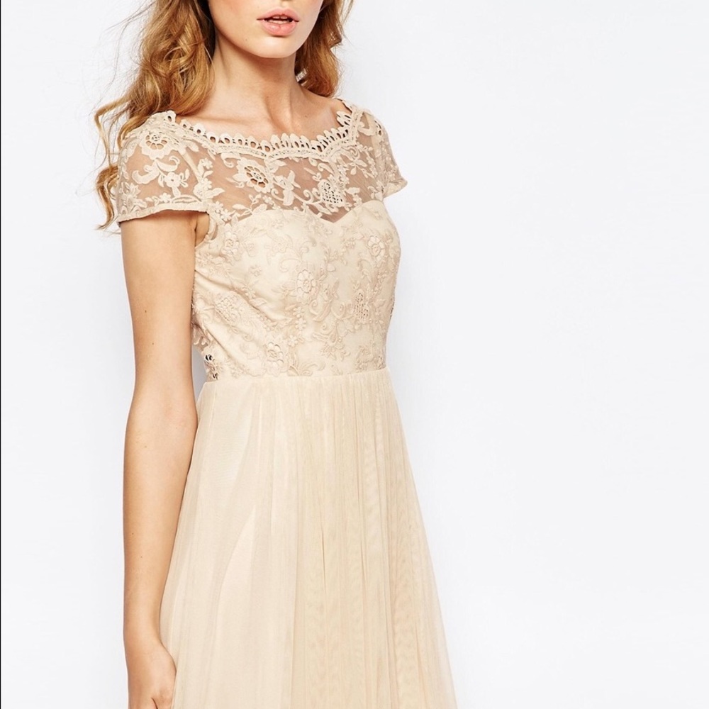 Pale pink lace prom dress