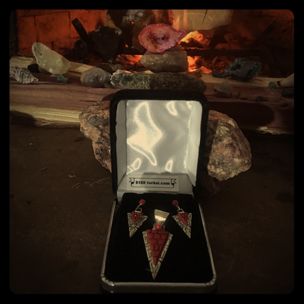 Navajo Overlay Coral Pendant & Earring Set Native