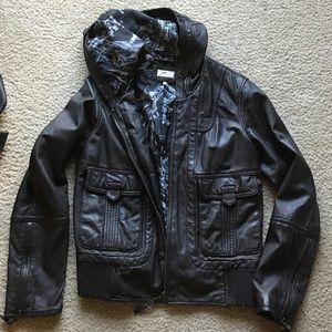 June! Dark brown leather bomber jacket (hooded)