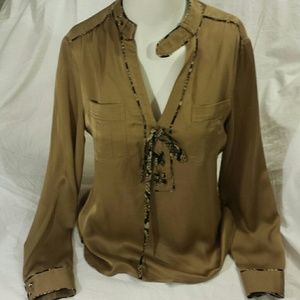 CACHE  100% Silk top, size small, tan