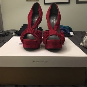 Jessica Simpson Red suede open toed platform heels
