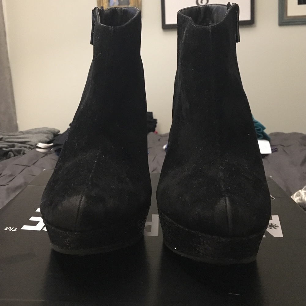 Suede & sparkle platform wedge booties w/ zipper