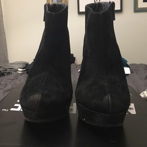 Suede & sparkle platform wedge booties w/ zipper