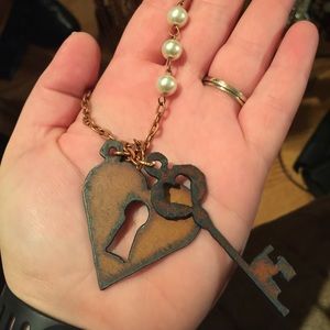 Long rustic heart and key necklace