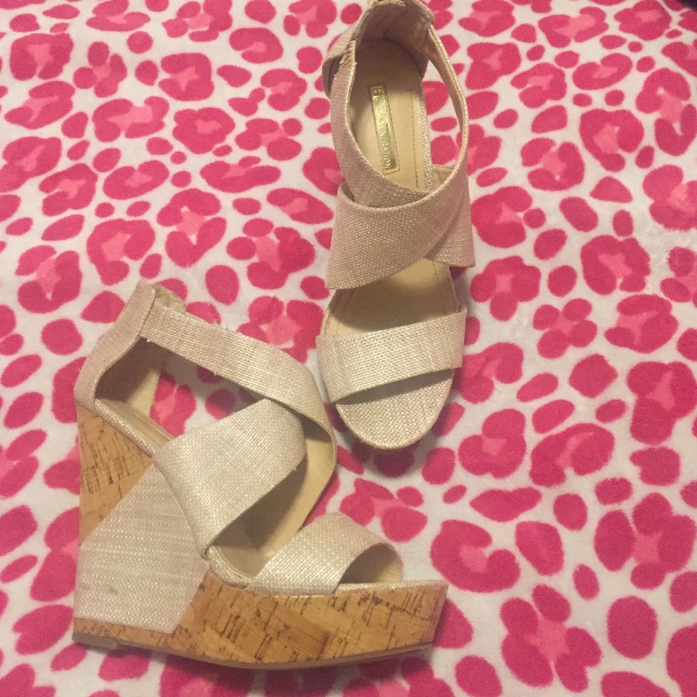 BCBGeneration cork and light pink wedge heels