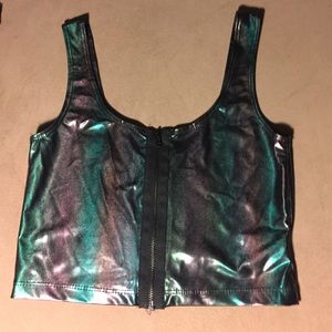 Holographic Zip-Front Crop Top