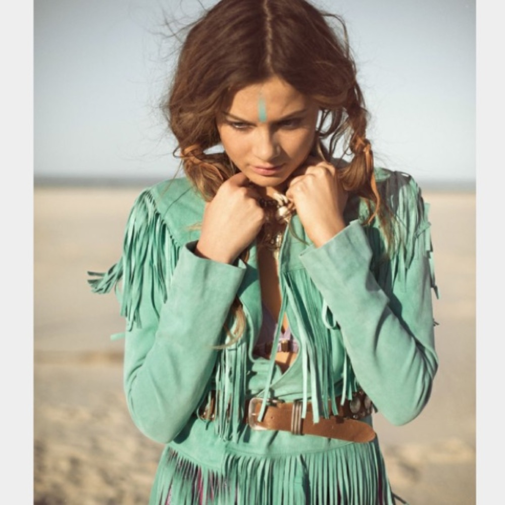 Rare teal fringe leather vest