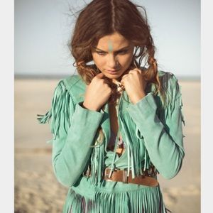 Rare teal fringe leather vest