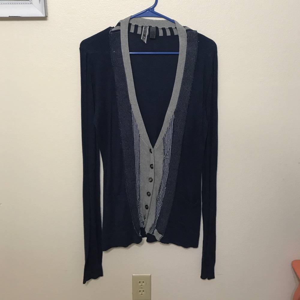 Navy BKE cardigan with gingham patch work