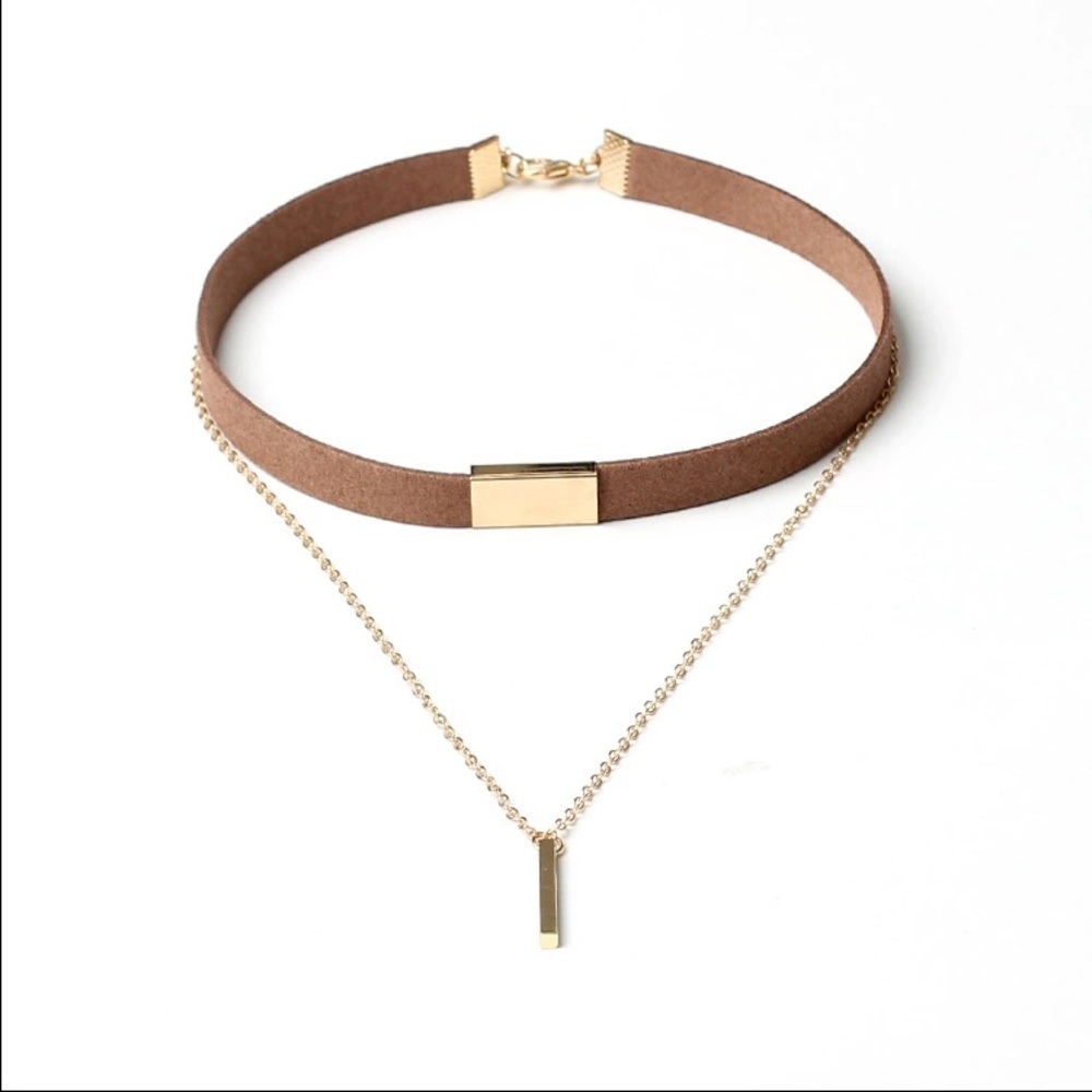 Bronze suede choker necklace with a gold bar charm