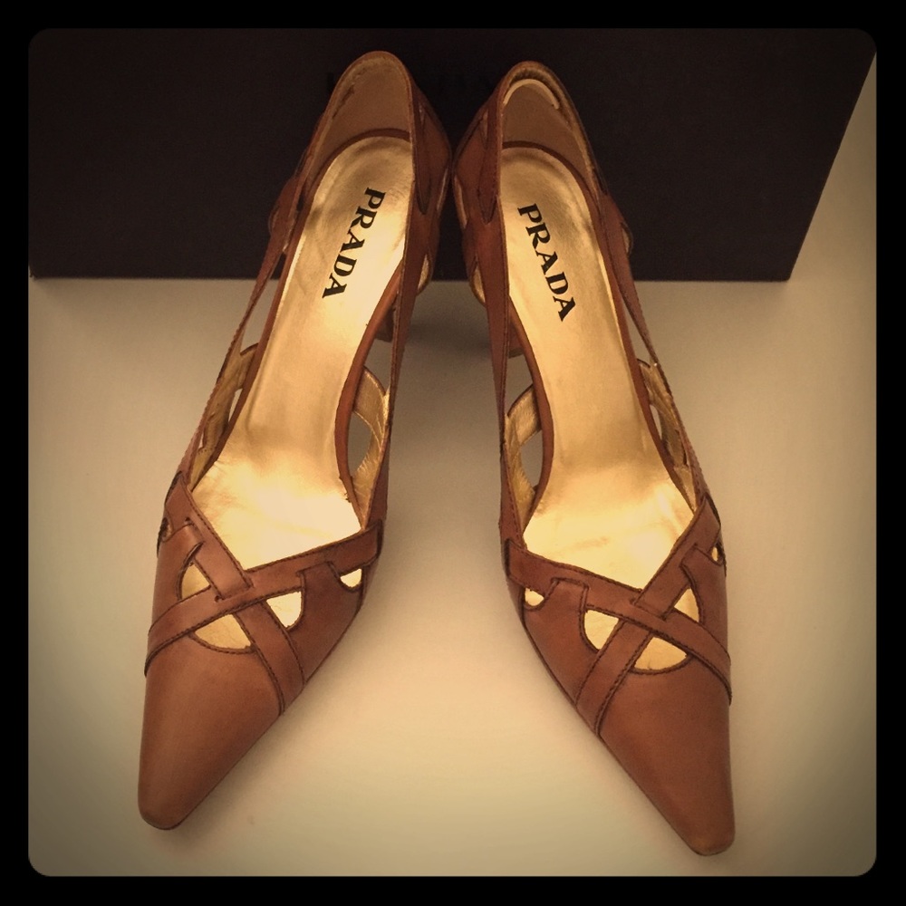 Prada tan leather woven heels
