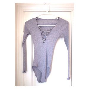 Gray Ribbed Lace Up Bodysuit