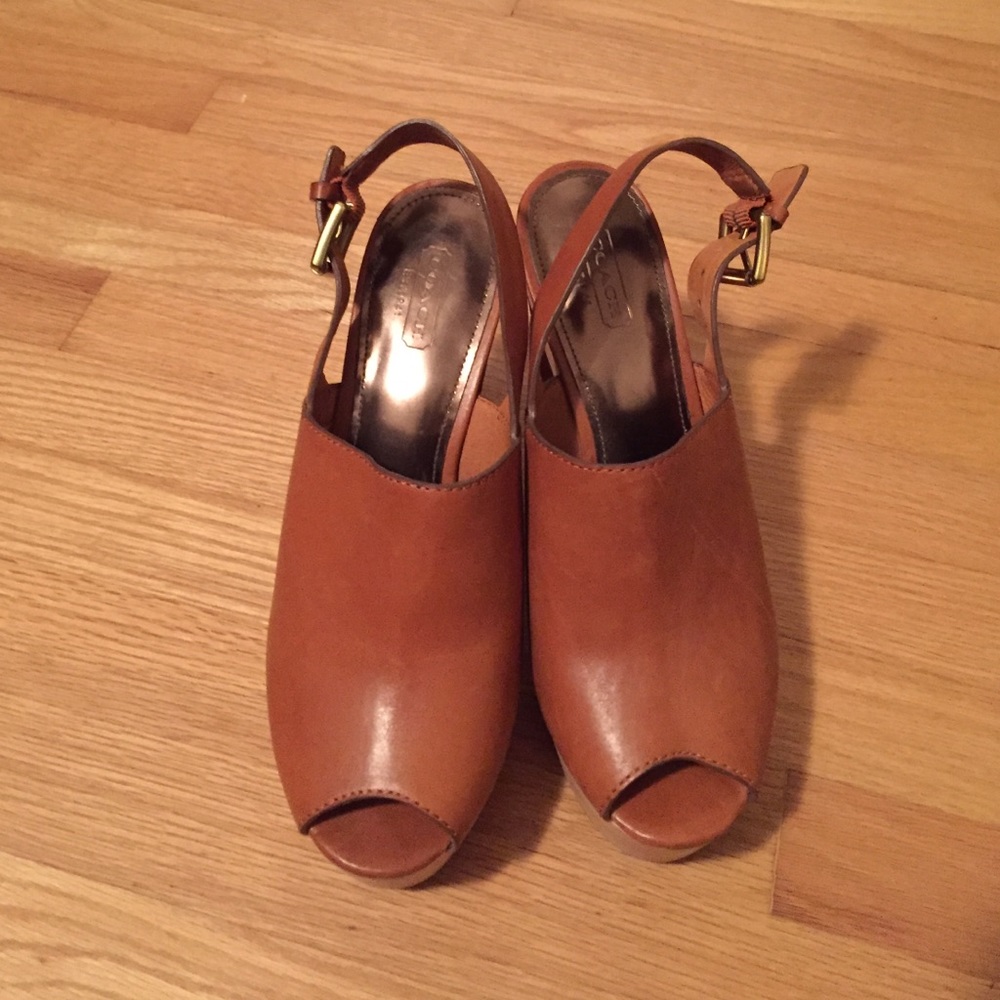 NWOT Coach leather and wood peep toe pumps
