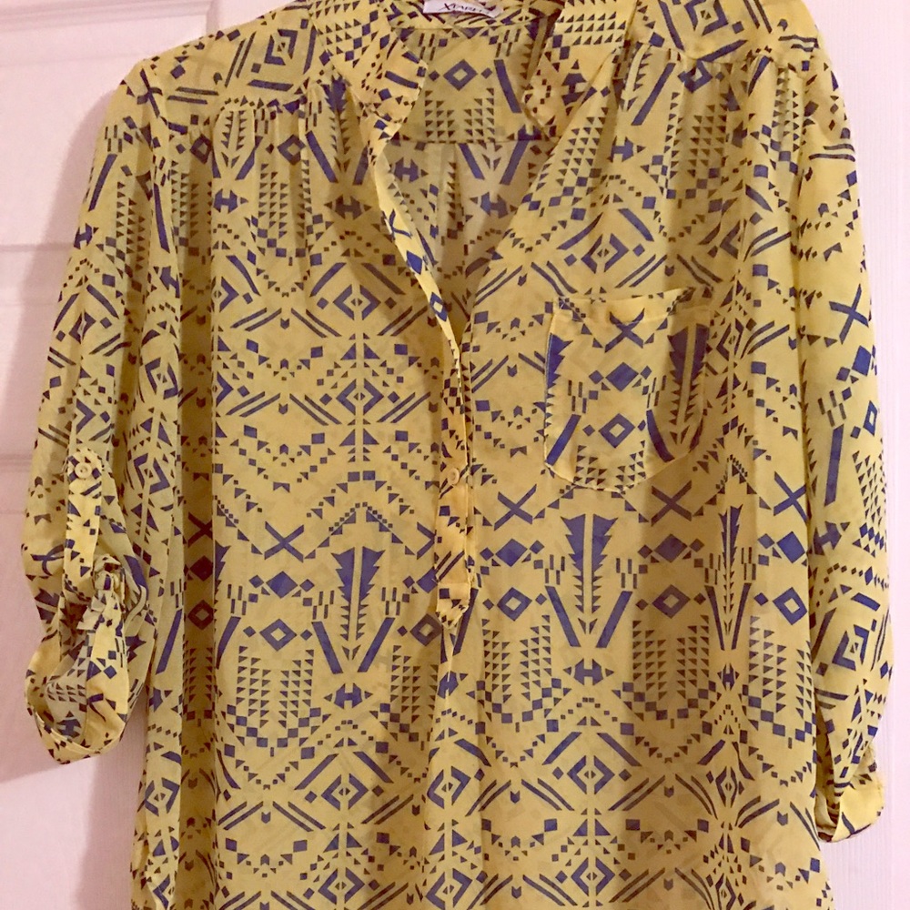Neon yellow with blue print blouse