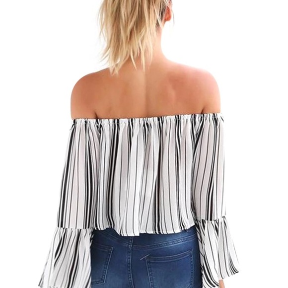 off the shoulder slash neck shirt flare sleeve - Picture 2 of 4