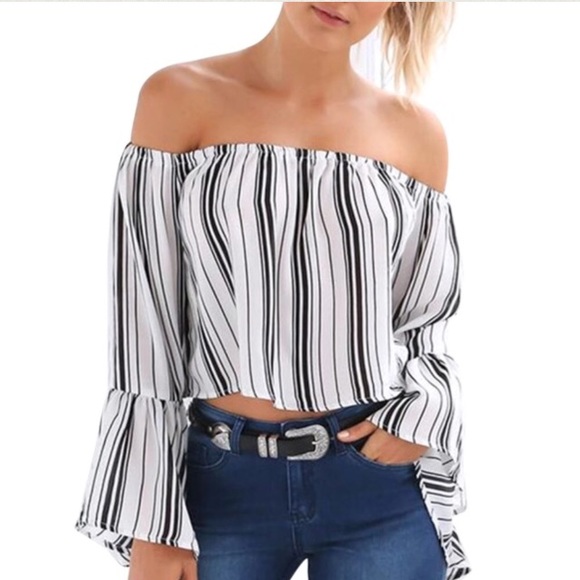 off the shoulder slash neck shirt flare sleeve - Picture 3 of 4