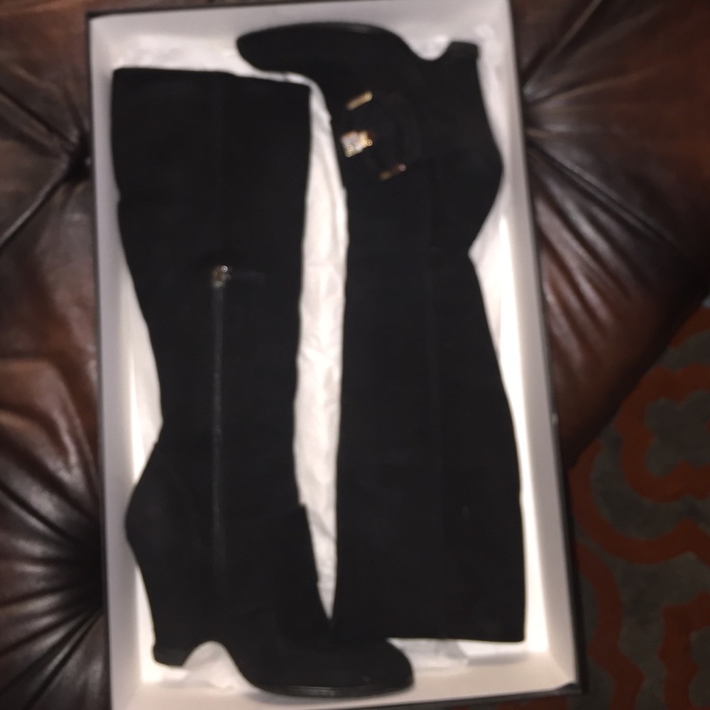 Twice Black Suede buckle platform Zipper tall boot