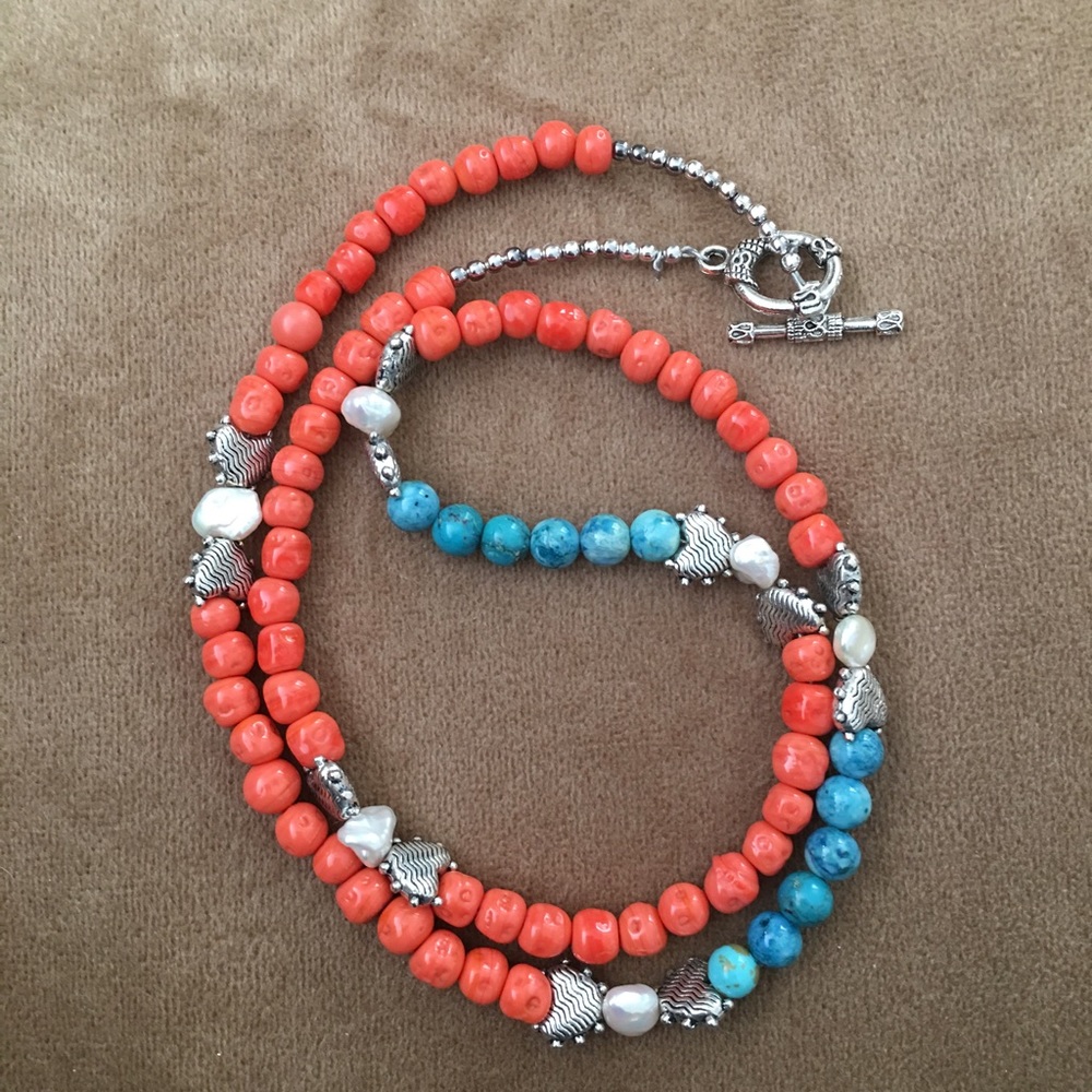 Vintage turquoise freshwater pearl coral necklace