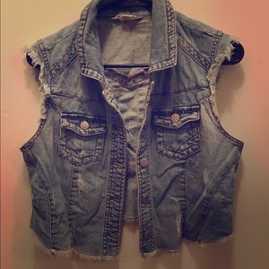 Cropped distressed denim cutoff vest