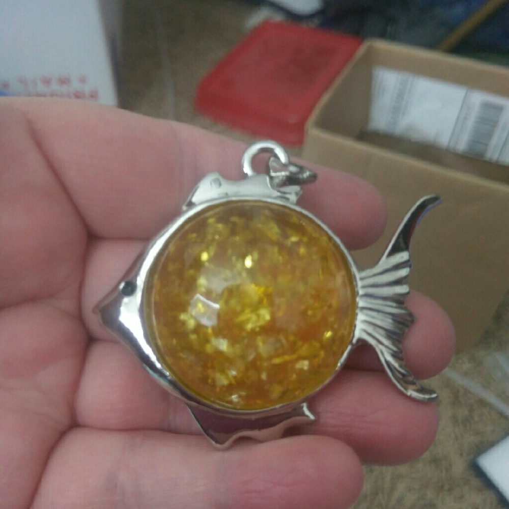Beautiful Amber .925 Silver Fish Pendant