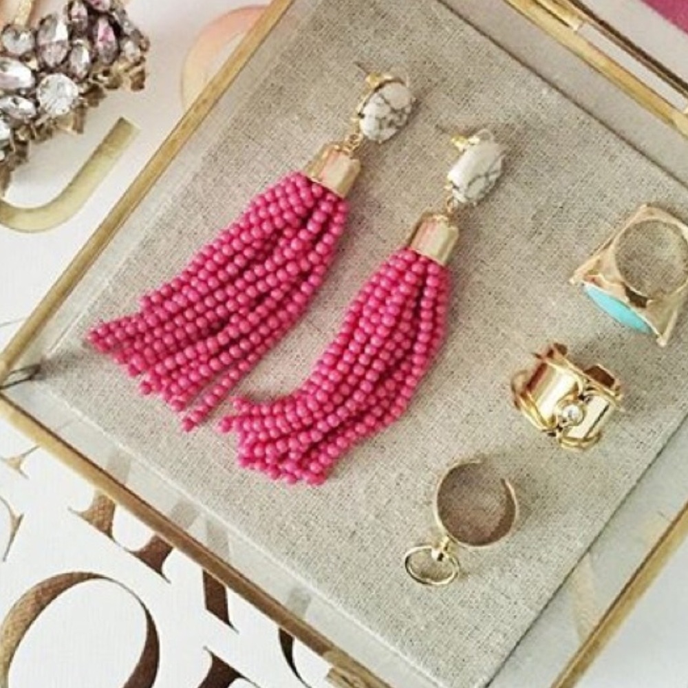 Hot Pink Beaded Tassel Drop Earrings