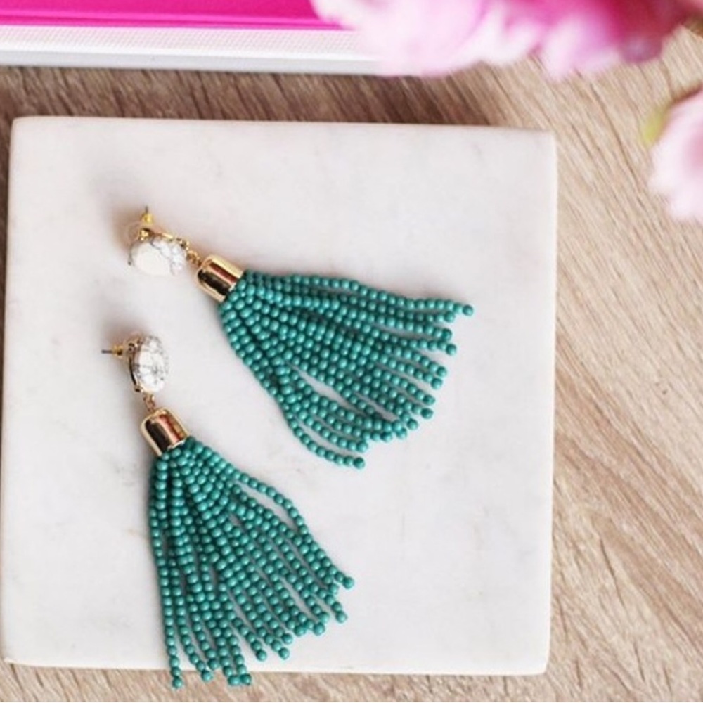 Teal Beaded Tassel Drop Earrings
