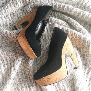 Bebe Black Suede Curved Cork Wedge