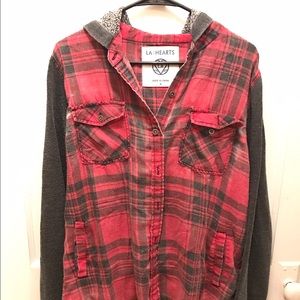 Distressed flannel hooded button up